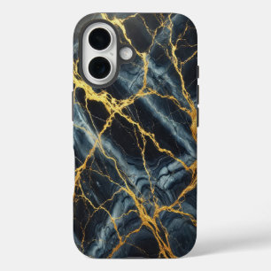 Coques iPhone 16 Marbre bleu marine avec veines d'or