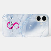 Coques Case-Mate iPhone Marbre bleu marine paillettes dorées monogramme (Verso (horizontal))