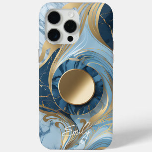 Coque iPhone 15 Pro Max Marbre bleu or moderne