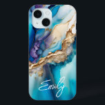 Coque Pour iPhone 15 Marbre bleu or moderne Nom personnalisé<br><div class="desc">Marbre d'or bleu moderne Nom personnalisé iPhone 15 Coques dispose de votre nom personnalisé dans une élégante typographie de script de calligraphie sur un arrière - plan moderne en marbre bleu et or. Un cadeau parfait pour elle pour l'anniversaire, maman pour la fête des mères, soeur ou bestie pour Noël...</div>