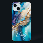 Coque iPhone 15 Mini Marbre bleu or moderne Nom personnalisé<br><div class="desc">Marbre d'or bleu moderne Nom personnalisé iPhone 15 Plus Coque présente votre nom personnalisé dans une élégante typographie de script de calligraphie sur un arrière - plan moderne en marbre bleu et or. Un cadeau parfait pour elle pour l'anniversaire, maman pour la fête des mères, soeur ou bestie pour Noël...</div>