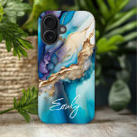 Coques iPhone 16 Marbre bleu or moderne Nom personnalisé<br><div class="desc">Marbre d'or bleu moderne Nom personnalisé iPhone 16 Coques dispose de votre nom personnalisé dans une élégante typographie de script de calligraphie sur un arrière - plan moderne en marbre bleu et or. Un cadeau parfait pour elle pour l'anniversaire, maman pour la fête des mères, soeur ou bestie pour Noël...</div>