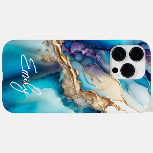 Coques Case-Mate iPhone Marbre bleu or moderne Nom personnalisé (Verso (horizontal))