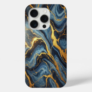 Coque iPhone 15 Pro Marbre Bleu Royal avec Veines d'or
