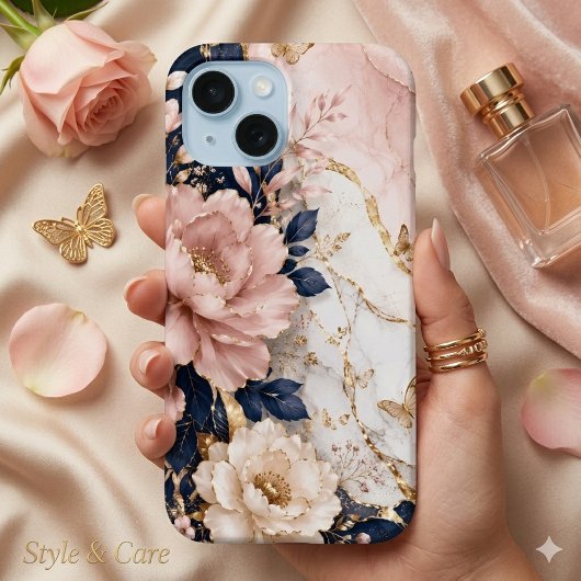 Coques Case-Mate iPhone Marbre Botanique Premium Bleu Nuit et Rose