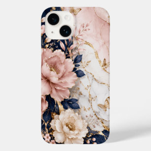 Coque Pour iPhone 14 Marbre Botanique Premium Bleu Nuit et Rose