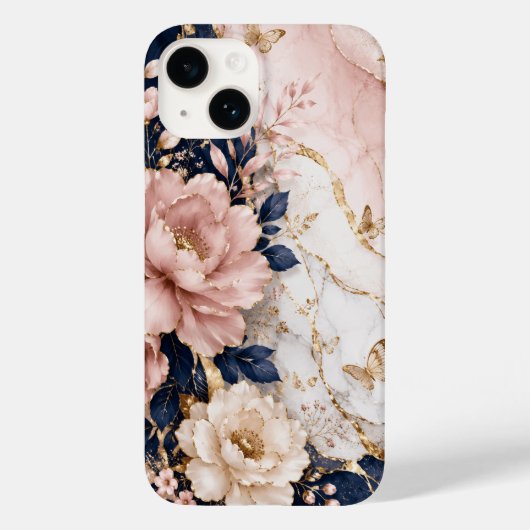 Coques Case-Mate iPhone Marbre Botanique Premium Bleu Nuit et Rose (Verso)
