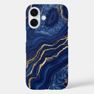 Coques iPhone 16 Marbre d'agate géode bleu marine et or luxe