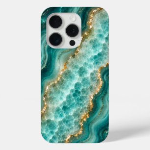 Coque iPhone 15 Pro Marbre de luxe en agate turquoise avec veines d'or
