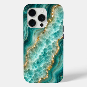 Coque iPhone 15 Pro Marbre de luxe en agate turquoise avec veines d'or