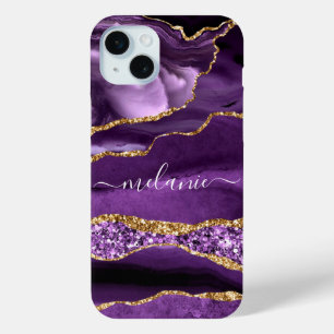 Coque iPhone 15 Mini Marbre de Parties scintillant d'or violet Nom pers