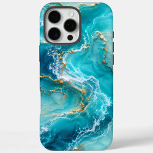 Coques iPhone 16 Pro Max Marbre d'Océan Turquoise de Luxe avec Vagues de Fe