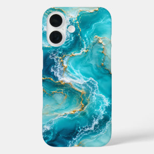 Coques iPhone 16 Marbre d'Océan Turquoise de Luxe avec Vagues de Fe