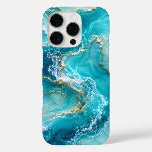 Coques iPhone 16 Pro Marbre d'Océan Turquoise de Luxe avec Vagues de Fe