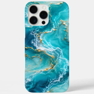 Coques iPhone 16 Pro Max Marbre d'Océan Turquoise Luxueux avec Vagues de Fe