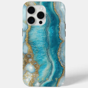 Coque iPhone 15 Pro Max Marbre d'or turquoise moderne