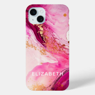 Coque iPhone 15 Mini marbre doré rose paillettes nom personnalisé
