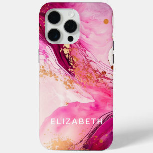 Coque iPhone 15 Pro Max marbre doré rose paillettes nom personnalisé