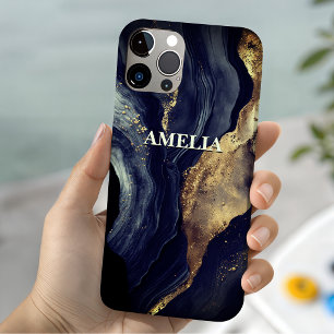 Coque Pour iPhone 14 Marbre élégant navy art pailleté faux or