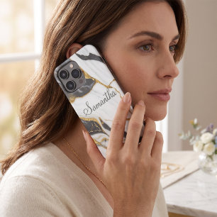 Coque Pour iPhone 14 Pro Marbre Élégant Personnalisé Or Gris & Blanc