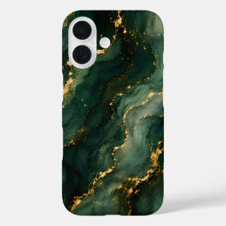 Coques iPhone 16 Marbre émeraude de luxe avec veines dorées