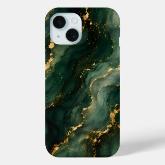 Coque Pour iPhone 15 Marbre émeraude de luxe avec veines dorées
