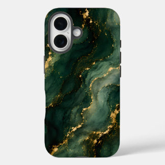Coques iPhone 16 Marbre émeraude de luxe avec veines dorées