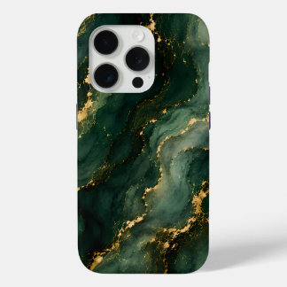 Coque iPhone 15 Pro Marbre émeraude de luxe avec veines dorées
