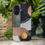 Coques iPhone 16 Marbre géométrique moderne Abstrait Nom personnali<br><div class="desc">Marbre géométrique Abstrait moderne Nom personnalisé iPhone 16 Coque dispose de formes géométriques en noir, or rose et or aquarelle sur un arrière - plan en marbre gris avec rayures et votre nom personnalisé dans un script blanc moderne. Personnalisez en modifiant le texte dans la zone de texte fournie. Conçu...</div>