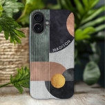 Coques iPhone 16 Plus Marbre géométrique moderne Abstrait Nom personnali<br><div class="desc">Marbre géométrique Abstrait moderne Nom personnalisé iPhone 16 Plus Coque présente des formes géométriques en noir, or rose et or sur un arrière - plan en marbre gris avec rayures et votre nom personnalisé en écriture blanche moderne. Personnalisez en modifiant le texte dans la zone de texte fournie. Conçu par...</div>