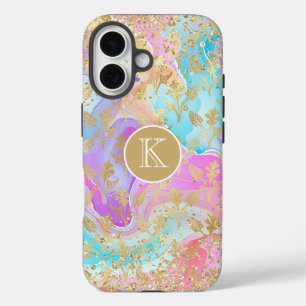 Coques iPhone 16 Marbre Liquide Coloré Monogramme Floral Or