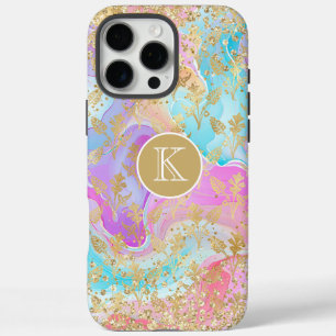 Coques iPhone 16 Pro Max Marbre Liquide Coloré Monogramme Floral Or