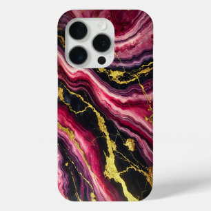 Coque iPhone 15 Pro Marbre magenta avec des flux d'or et de noir