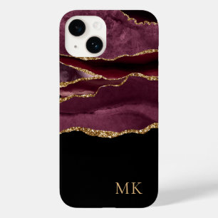 Coque Pour iPhone 14 Marbre Moderne Agate Or et Bourgogne Monogramme
