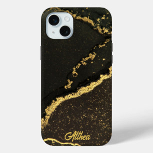 Coque iPhone 15 Mini Marbré moderne noir et or