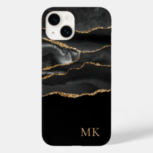 Coque Pour iPhone 14 Marbre Moderne Or et Noir Agate Monogramme