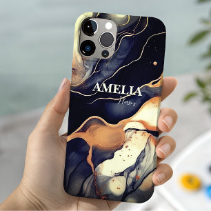 Coque Pour iPhone 14 Marbre noir bleu élégant art faux paillettes dorée