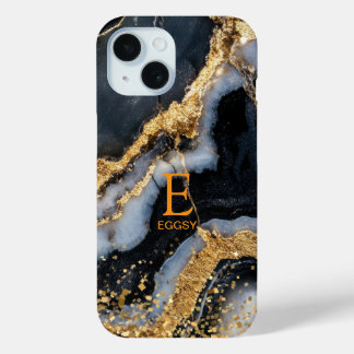 Coque Pour iPhone 15 Marbre noir chic monogramme paillettes dorées