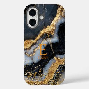 Coques iPhone 16 Marbre noir chic monogramme paillettes dorées