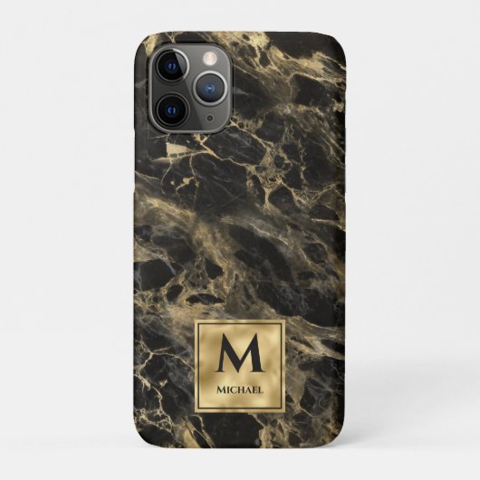 Coques Case-Mate iPhone Marbre noir et or Monogramme Élégant Luxe (Dos)