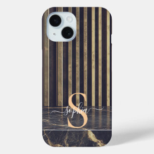 Coque Pour iPhone 15 marbre noir paillettes d'or monogramme