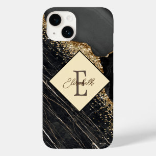 Coque Pour iPhone 14 Marbre noir tendance, sequins dorés monogramme