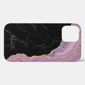 Coques Case-Mate iPhone Marbre noir tendance violet & Or Agate avec nom (Verso (horizontal))