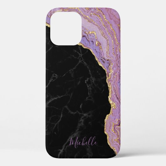 Coques Case-Mate iPhone Marbre noir tendance violet & Or Agate avec nom (Verso)