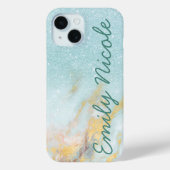 Coques Case-Mate iPhone Marbre Ombré Bleu Or Faux Monogramme Nom Paillette (Verso)