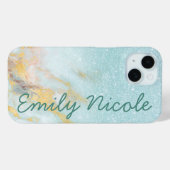 Coques Case-Mate iPhone Marbre Ombré Bleu Or Faux Monogramme Nom Paillette (Verso (horizontal))