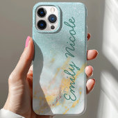 Coques Case-Mate iPhone Marbre Ombré Bleu Or Faux Monogramme Nom Paillette