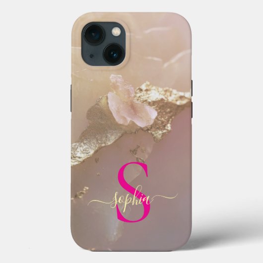 Coques Case-Mate iPhone Marbre or rose gold pailleté monogramme (Verso)