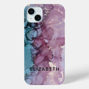 Coque iPhone 15 Mini marbre or rose poudré et bleu personnalisé