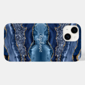 Coques Case-Mate iPhone Marbre pailleté à l'agate bleue et or monogrammé (Verso (horizontal))